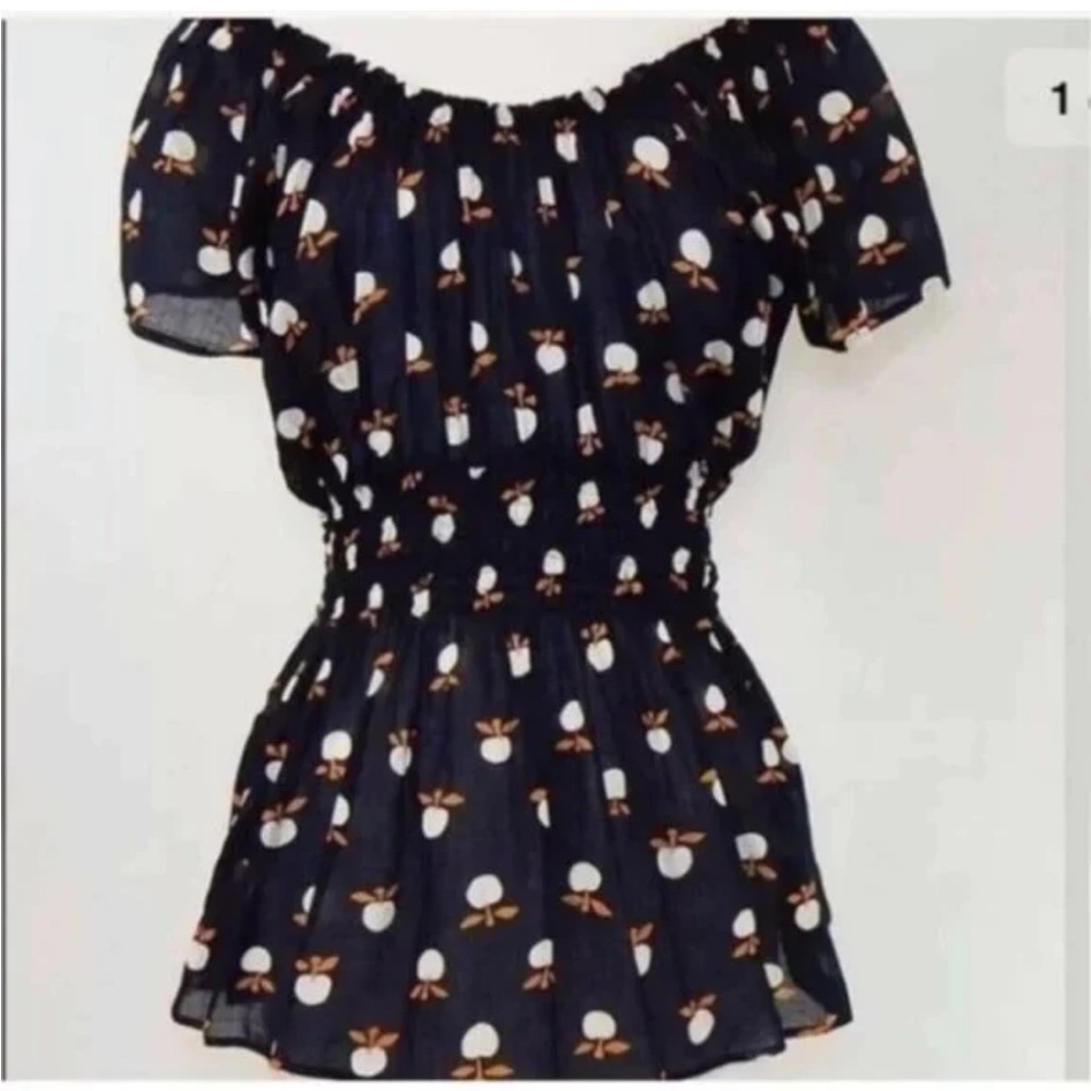 Marimekko Navy Blue Peasant Blouse with White & Brown Dot Floral Print